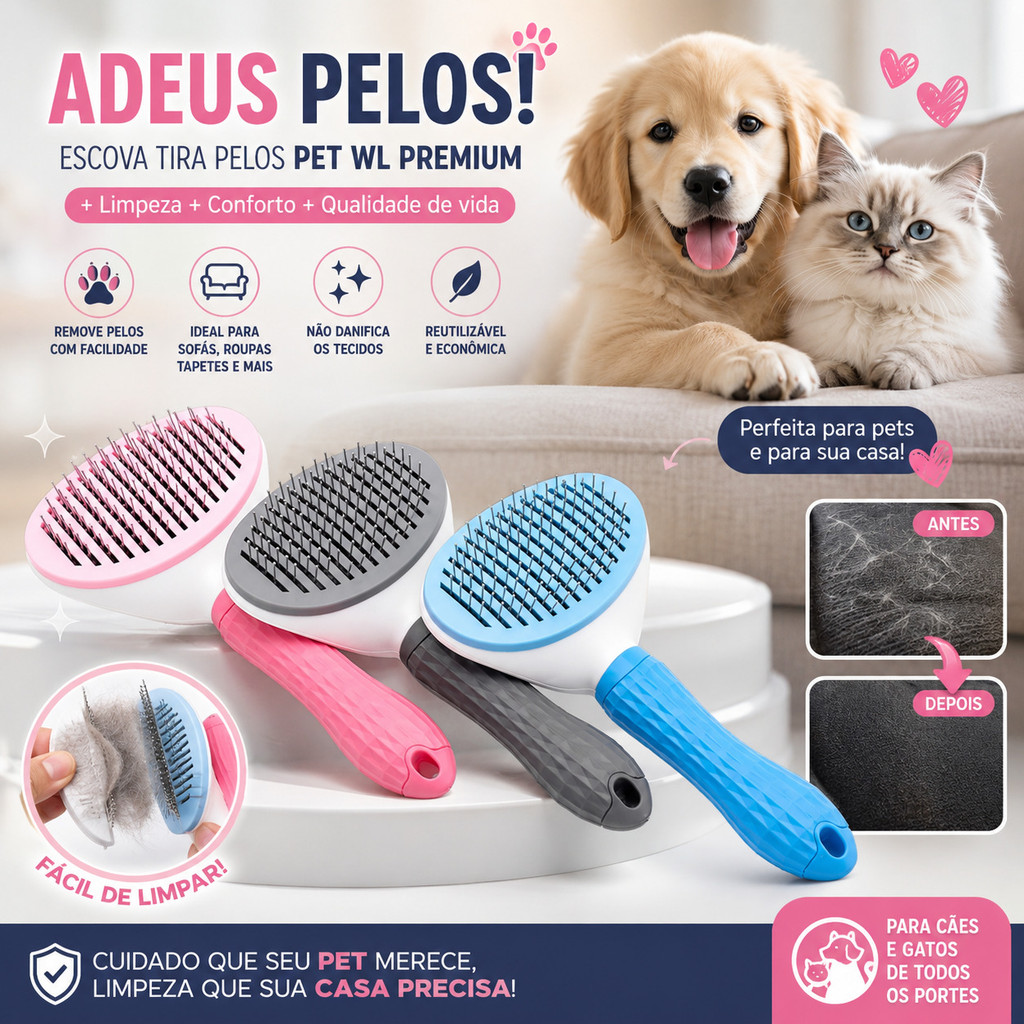 Escova Tira Pelos Pet WL Premium | Removedor para Cães e Gatos Ideal para Sofás, Roupas e Tapetes