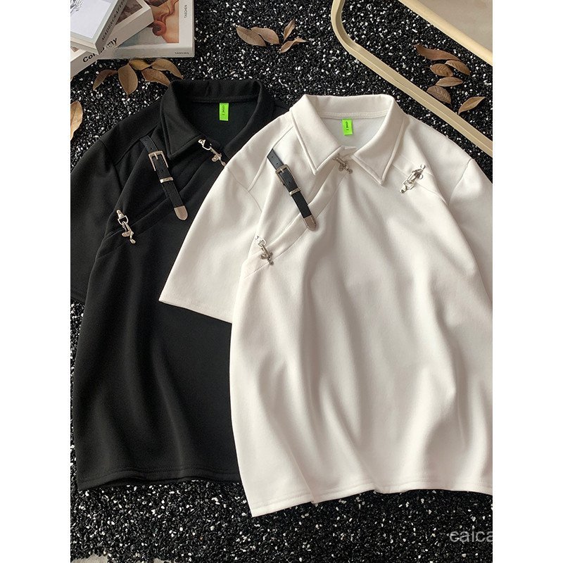 Metal cinto fivela Design PoLo camisa masculina verão americano High street camiseta street Wear ins lapela camiseta de
