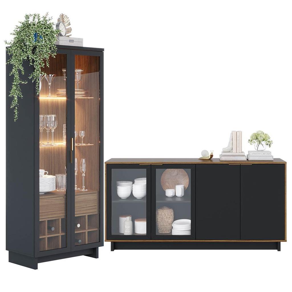 Kit para Sala de Jantar com Cristaleira Led e Buffet Aparador Porta Vidro Preto Colibri