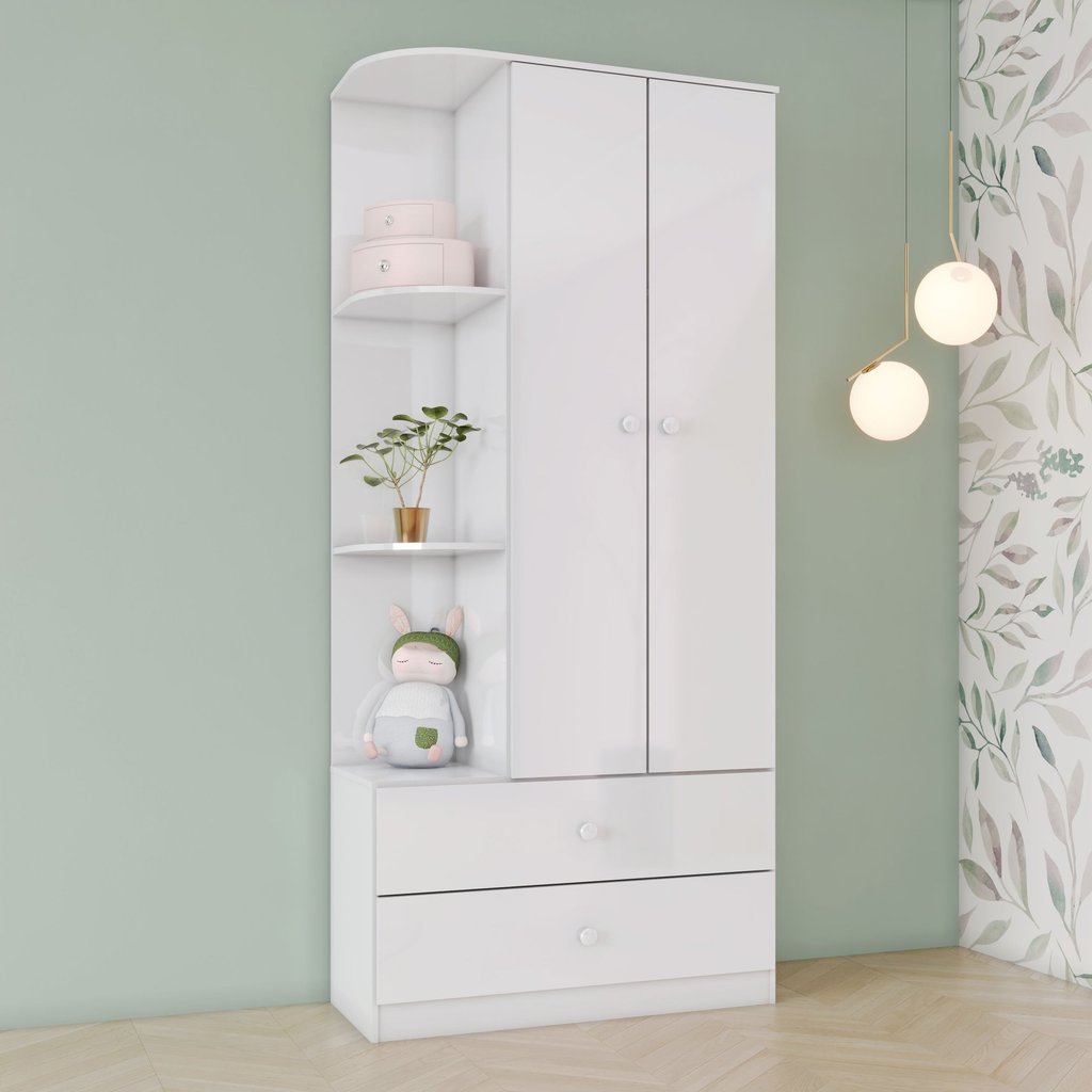 Guarda Roupa Infantil 2 Portas 2 Gavetas com Canto Decorativo Branco Labirinto Branco