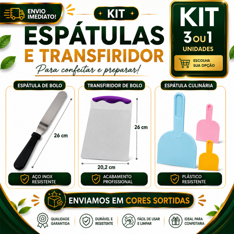 Confeitaria Espátula de Bolo Inox 26cm + Transferidor de Bolo + Espátula Plástica Cores Sortidas