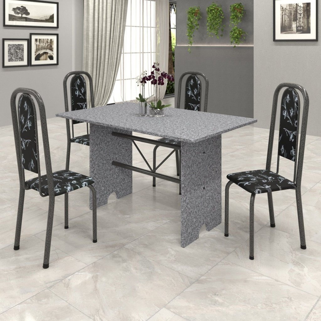 Conjunto de Mesa 120x75cm Tampo Granito com 4 Cadeiras Lavínea Cinza/Martelado Prata/Ocre/Preto Floral Martelado