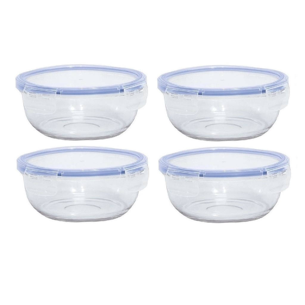 Jogo 4 Potes De Vidro Hermético 370ml Marmita Mantimentos 4 Travas Antivazamento Lancheira Papinha Micro-ondas Freezer
