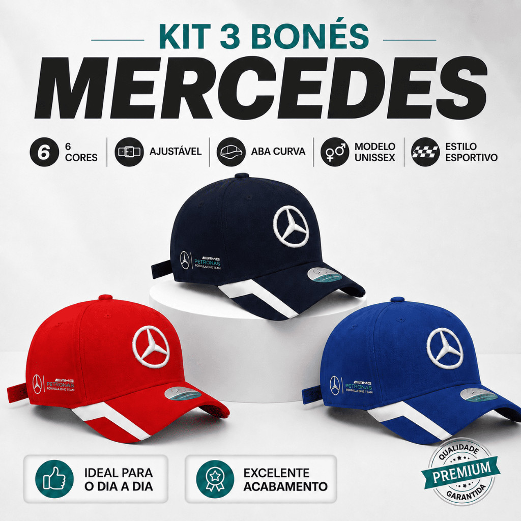 Kit 3 Bonés Mercedes AMG Petronas Aba Curva Ajustável Unissex 6 Cores Estilo Esportivo