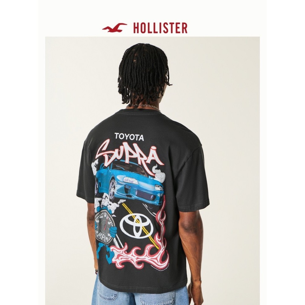 Hollister Ready Stock Modificado Carro Toyota Impresso 100% Algodão Masculino Gola Redonda Rua Casual Solta Camiseta de