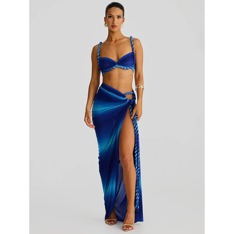 Conjunto de Verão Sexy de Duas Peças para Mulheres da Mozision: Top Curto Sem Alças e Saia Longa, Elegante Traje para Fé