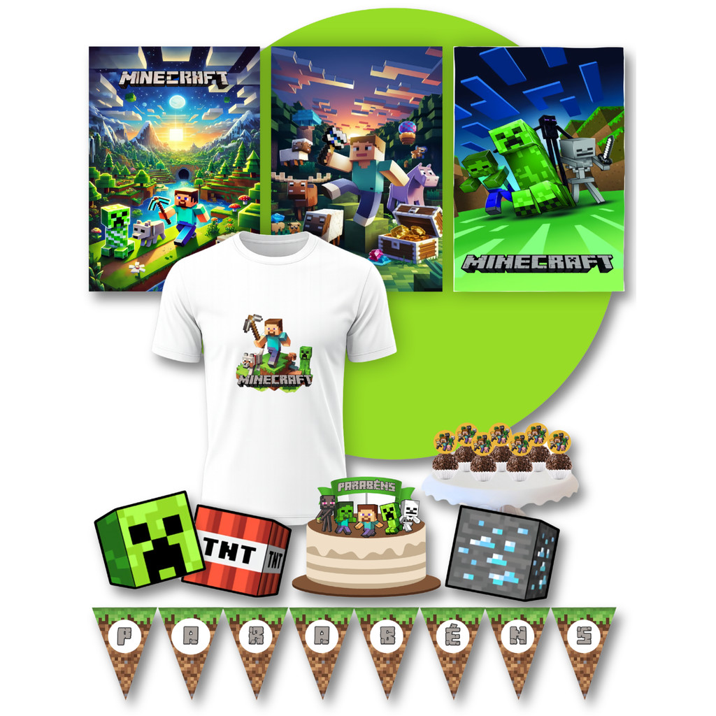 Kit Festa Em Casa Minecraft Completo + Camiseta Infantil Estampada - ENVIO RÁPIDO