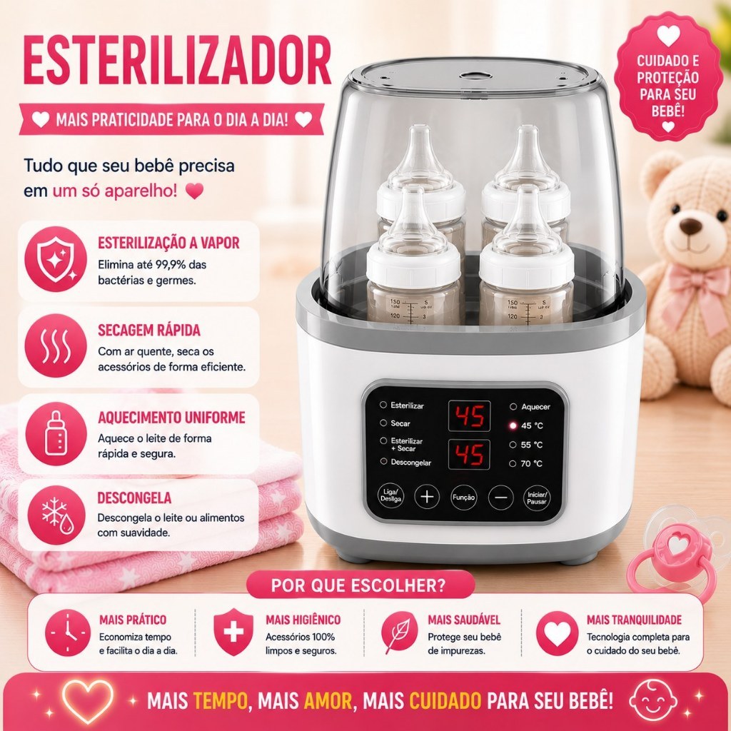 Aquecedor de Leite para Bebê 2 em 1 Esterilizador de Mamadeiras Aquecimento Rápido 4 Mamadeiras