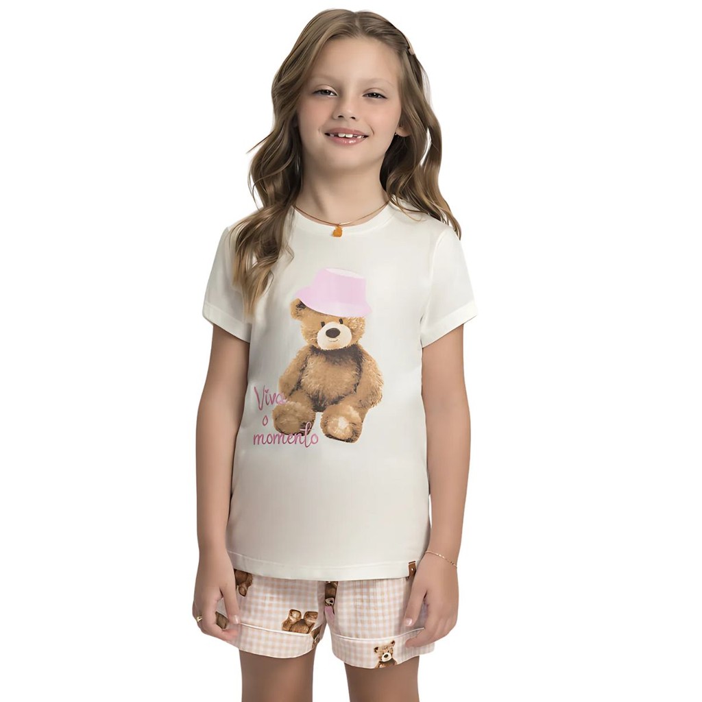 Pijama Infantil Menina 100% Algodão Manga Curta Estampa Urso Mensageiro dos Sonhos