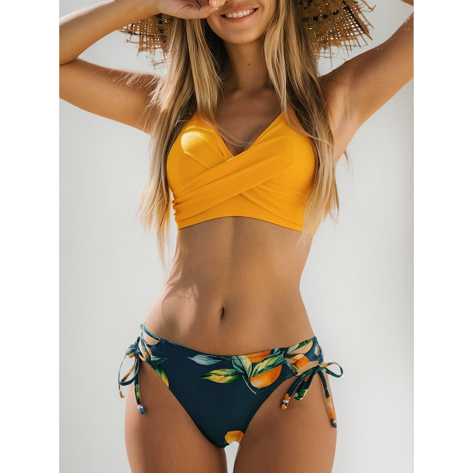 Conjunto Biquíni Com Bojo Top Cruzado Estampa Floral De Praia Verão Moda Feminino Cintura Alta Top Cruzado Alça Larga