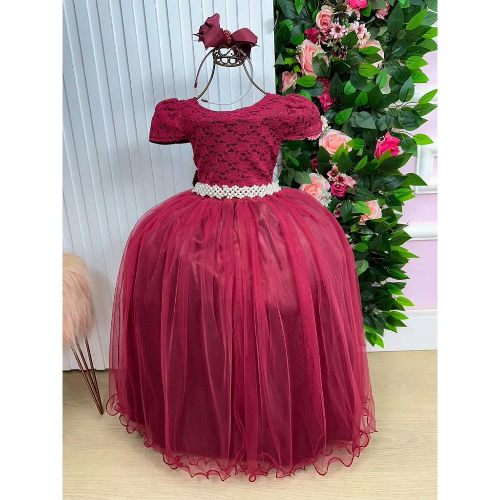Vestido Infantil Menina Longo Peito Rendado Marsala Dama De Honra Daminha Formatura Casamento
