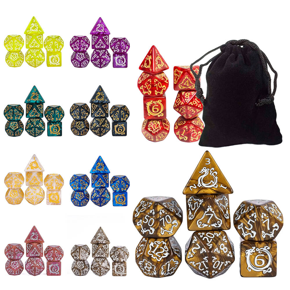 Kit 7 Dados Runas Dragão com Bolsa PROMO - Para RPG D&D Pathfinder Várias Cores Detalhes Entalhados Jogos de Tabuleiro