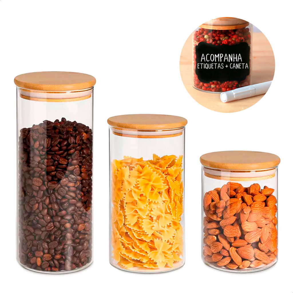 3 Potes Herméticos De Vidro 200Ml 300Ml 400Ml