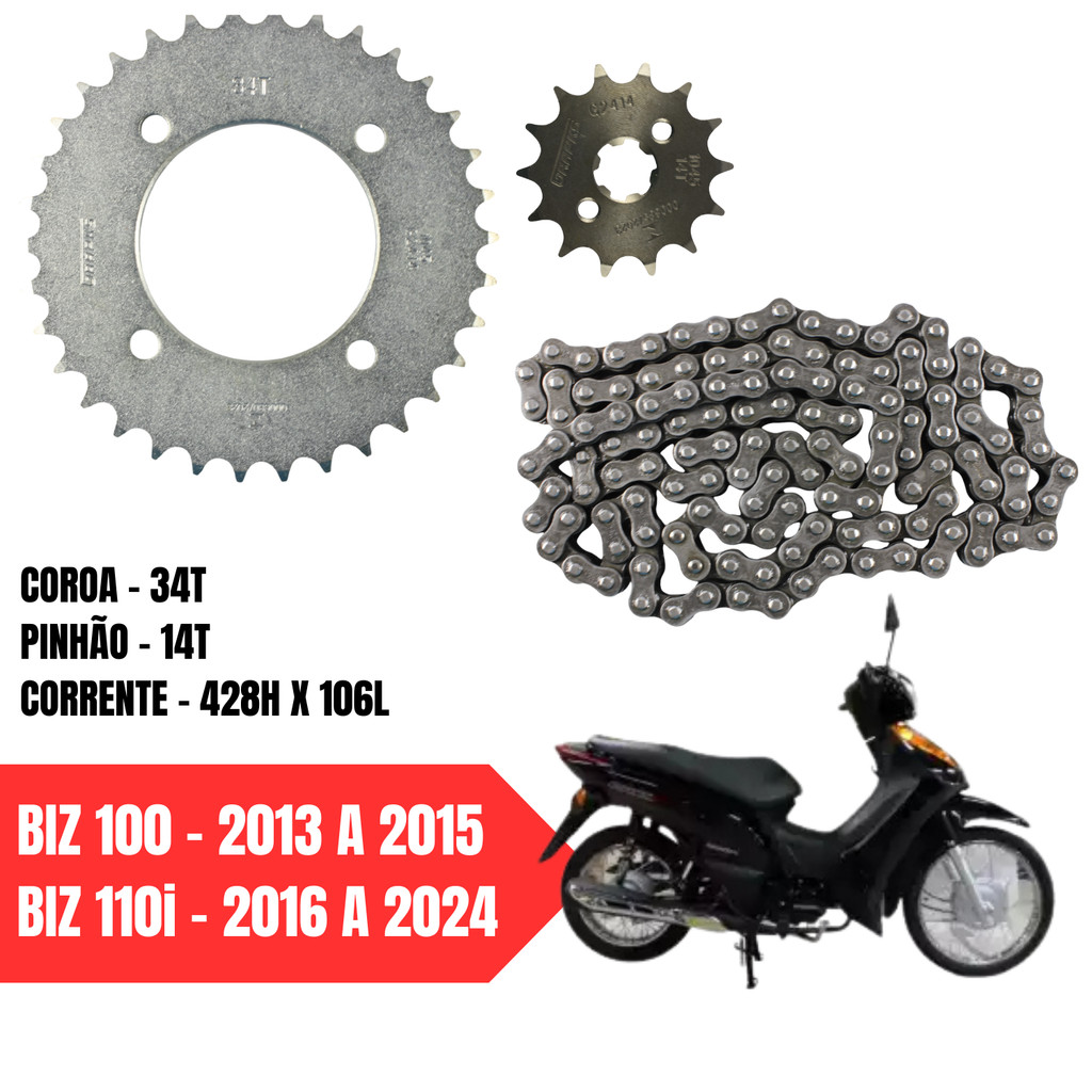 Kit Relação Transmissão Moto Honda Biz 100 2013 a 2015 Biz 110i 2016 a 2024 Aço 1045 Original Grapks em Oferta na Shopee