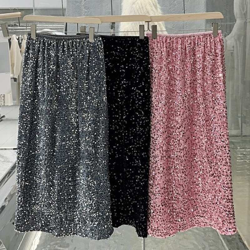 Plus Size Saia De Lantejoulas Primavera Nova High-end Brilhante Cintura Alta Comprimento Médio