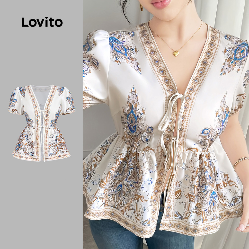 (New) Lovito Blusa Boho de Laço Na Frente para Primavera/verao para Mulheres L150ED205 em Oferta na Shopee