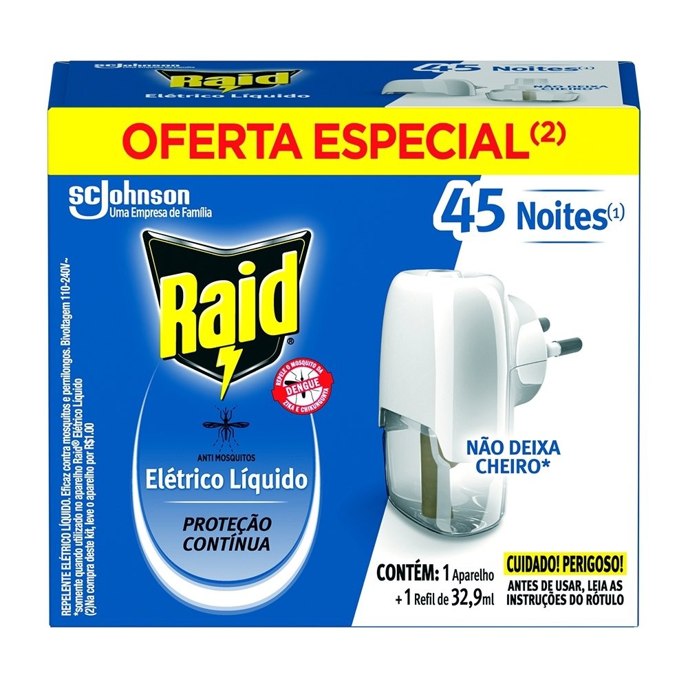 Repelente Elétrico Raid 45 Noites Aparelho + Refil Líquido 32,9ml Oferta Especial em Oferta na Shopee