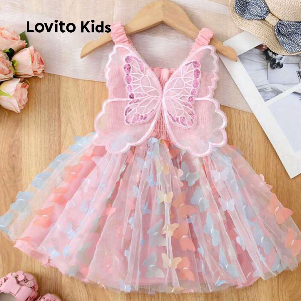 Lovito Kids Vestido Borboleta com Tecido Costurado, Vestuário de Primavera/verão para bebê LCSSCSE5 em Oferta na Shopee
