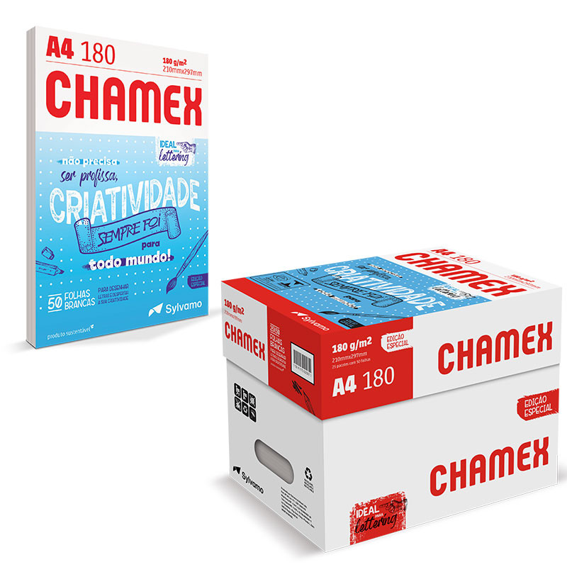 Papel sulfite Lettering A4 180g 210x297 com 1250 folhas Chamex em Oferta na Shopee