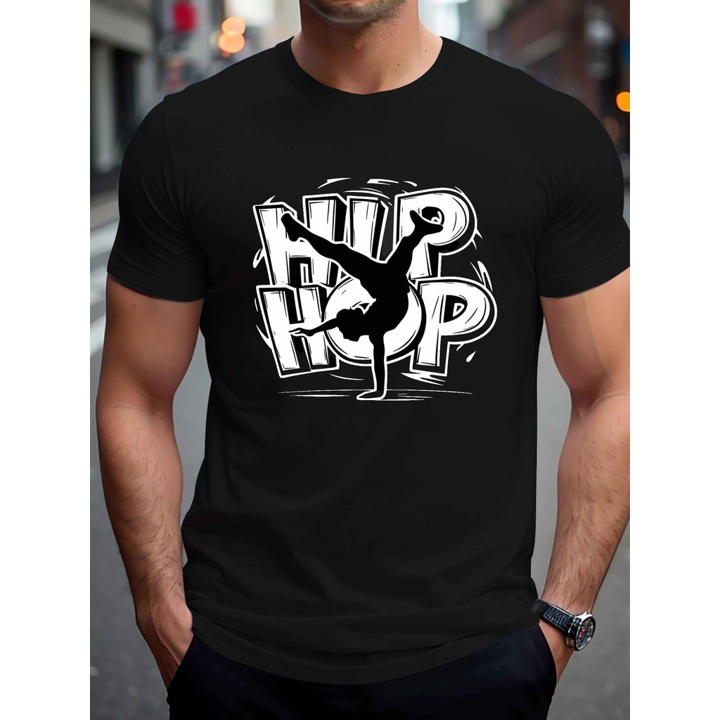 Bonito Camiseta Masculina Casual Preta De Algodão Com Estampa Gráfica "HIP HOP" E Estilo Hip-hop