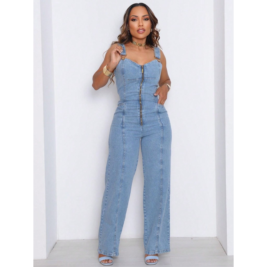 Macacão Jeans Feminino Zíper Frontal