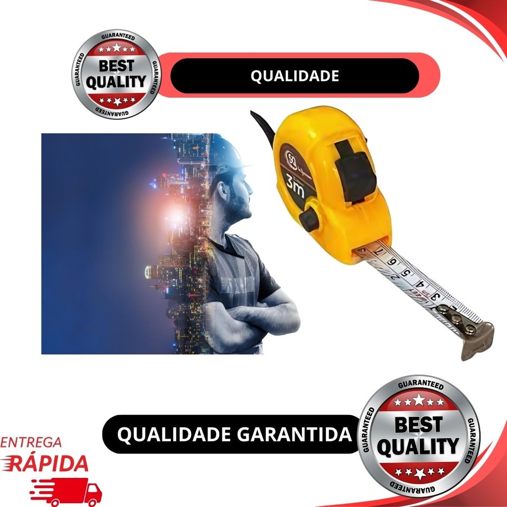 Trena  3m x 15,2mm de Metal c/ Trava Freio Manual, Agilidade na Aferição das Medidas p/ Obras Reformas