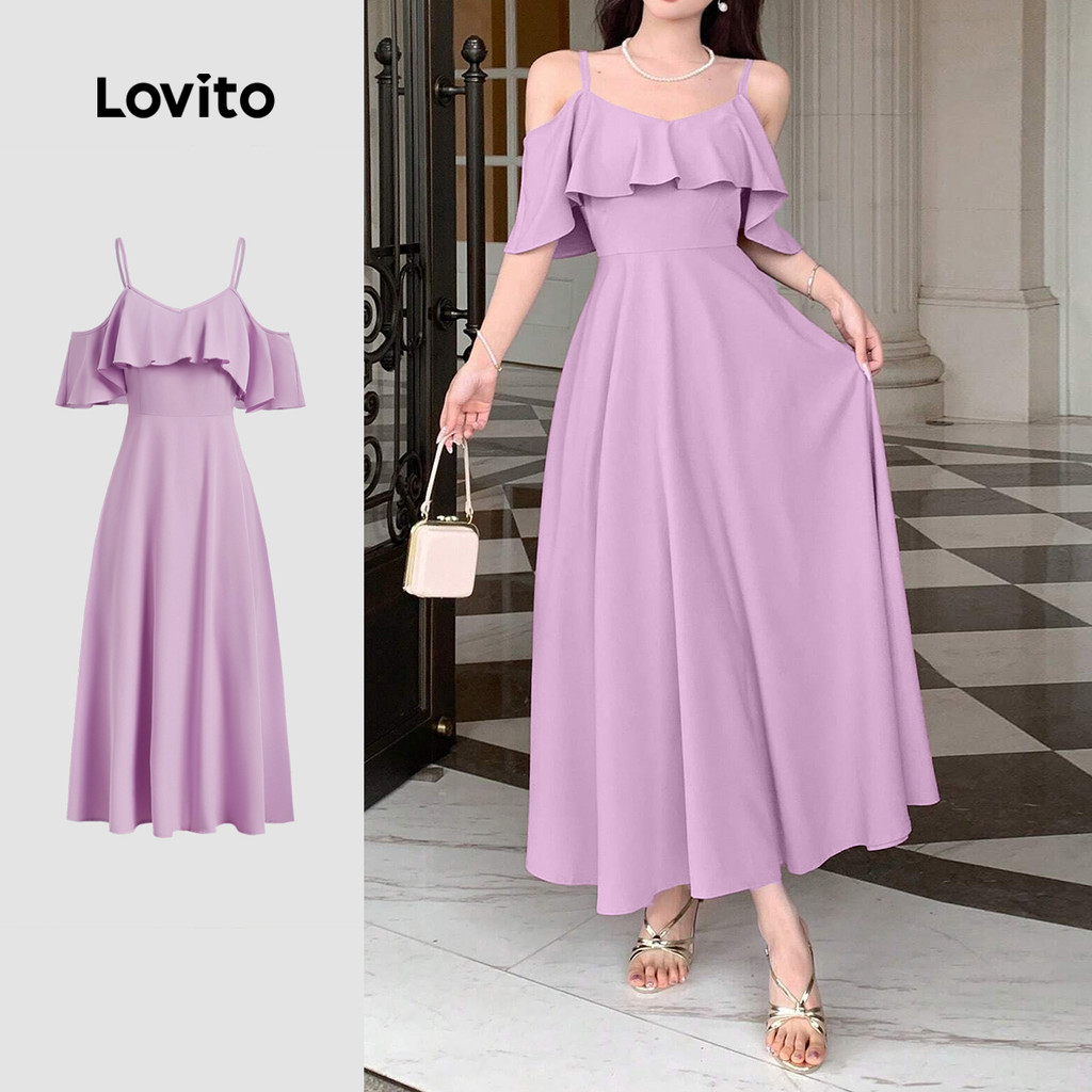 Lovito Vestido Elegante Roxo Com Babados Na Barra Para Mulheres Ideal Para a Primavera/verão L149ED1125 em Oferta na Shopee