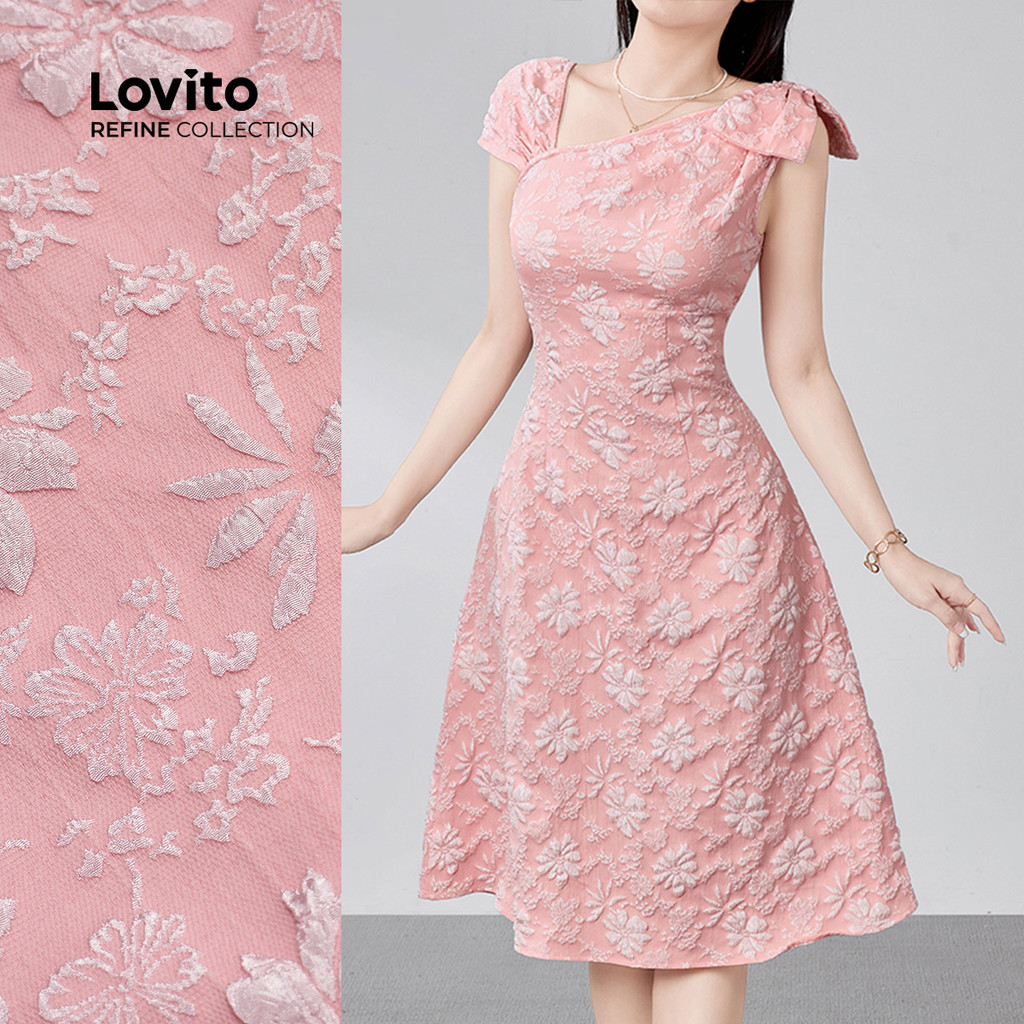 (Lovito Refine) Vestido Elegante de Jacquard com Flores Primavera/verão Vestido Rosa para Mulheres LR18E019 em Oferta na Shopee