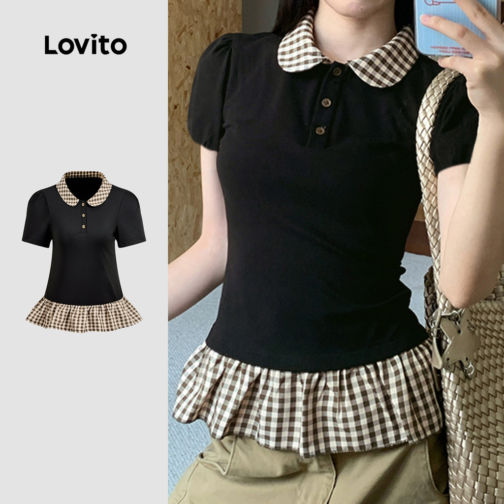 Lovito Camiseta Casual com Gola Contrastante e Babados Manga Curta para Primavera/verão para mulheres L151AD398 em Oferta na Shopee