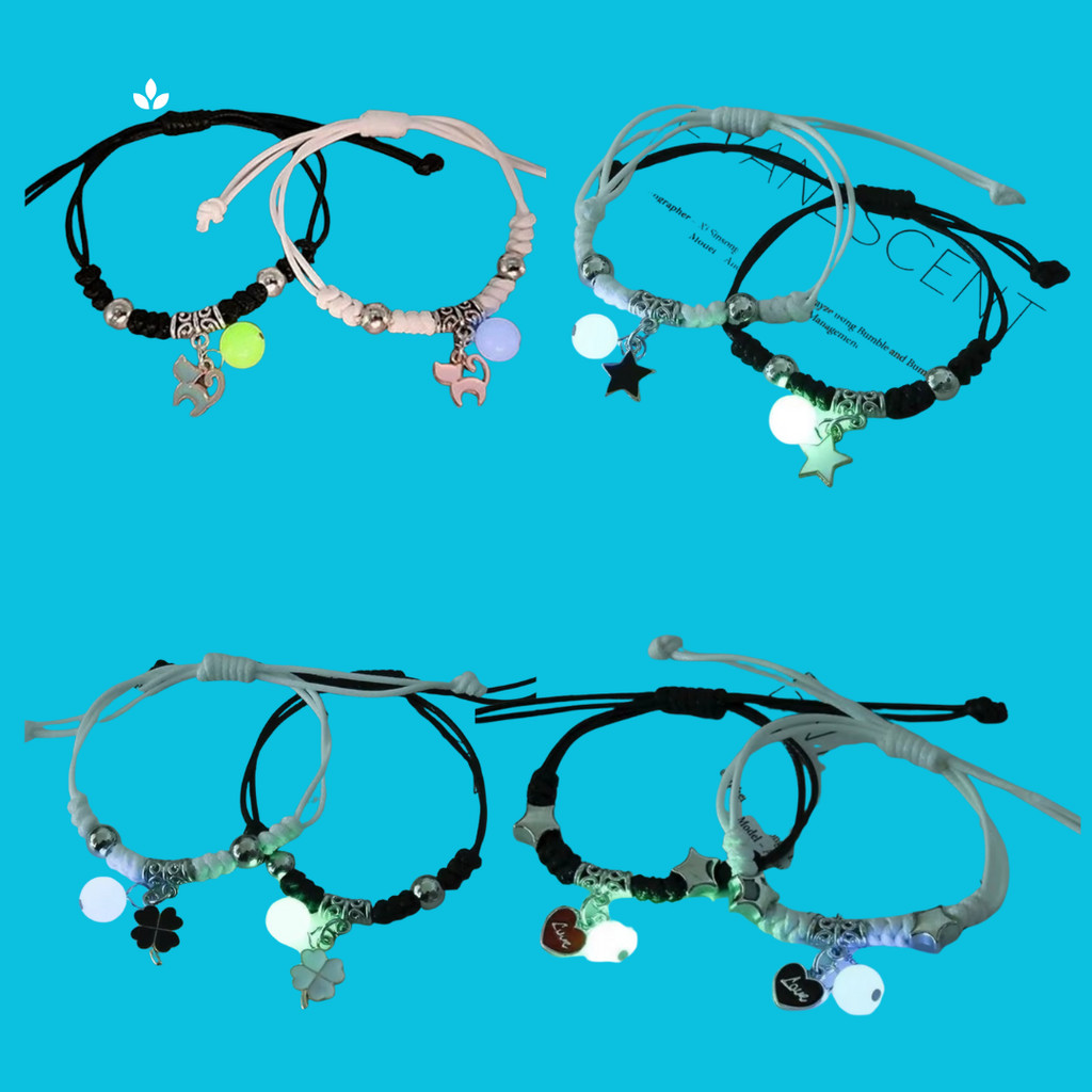 Kit 2 Pulseiras de Casal – Pingentes Estrela, Gato, Coração e Trevo – Unissex