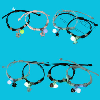 Kit 2 Pulseiras de Casal – Pingentes Estrela, Gato, Coração e Trevo – Unissex