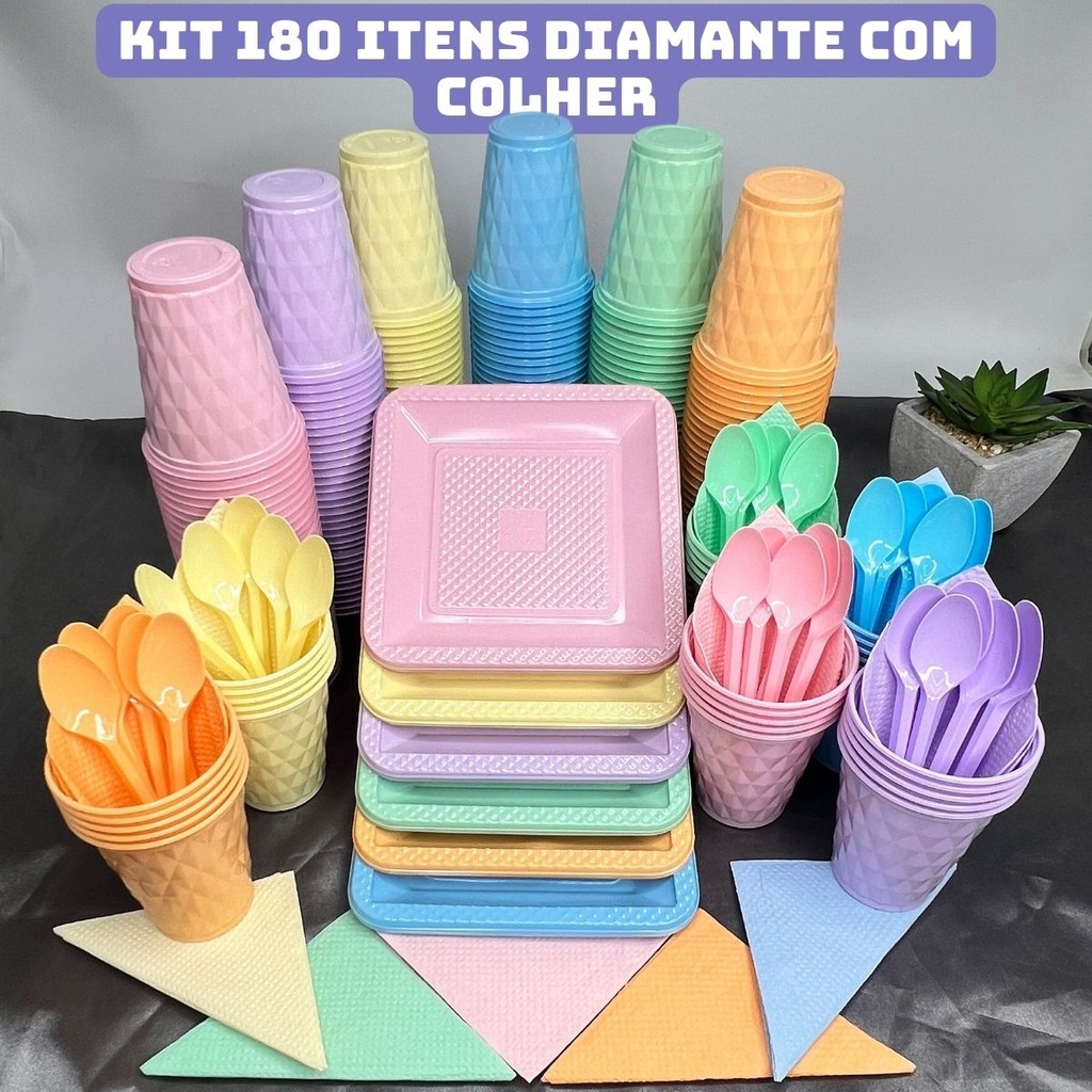 Kit 180 Itens Completo Festa Aniversário Candy Pastel Descartável Pratinho Colher Copo Guardanapo P/ 40 Pessoas em Oferta na Shopee