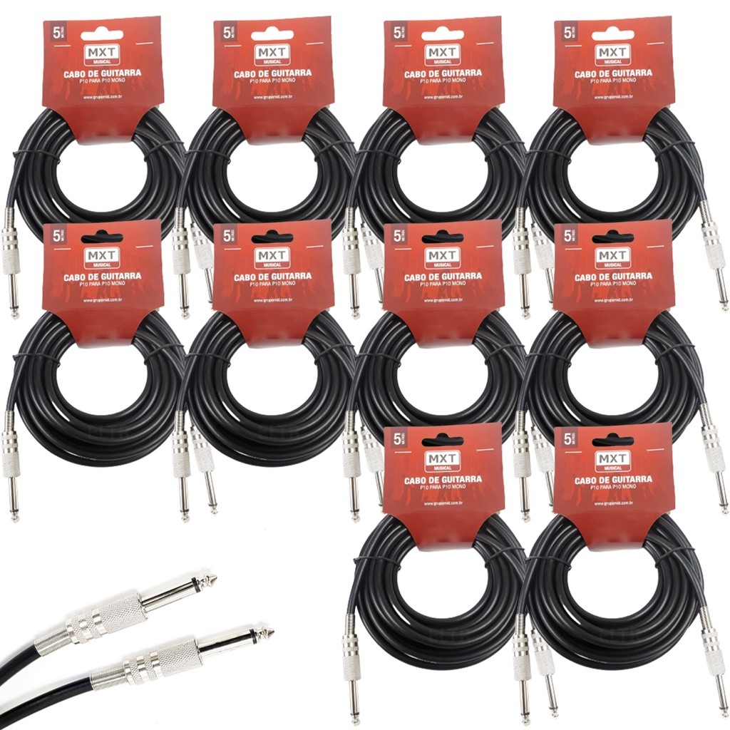 Kit 10 Cabo P10 P10 Mono Guitarra Violão Baixo Cavaquinho Caixa Som Amplificador 5m Metros mxt