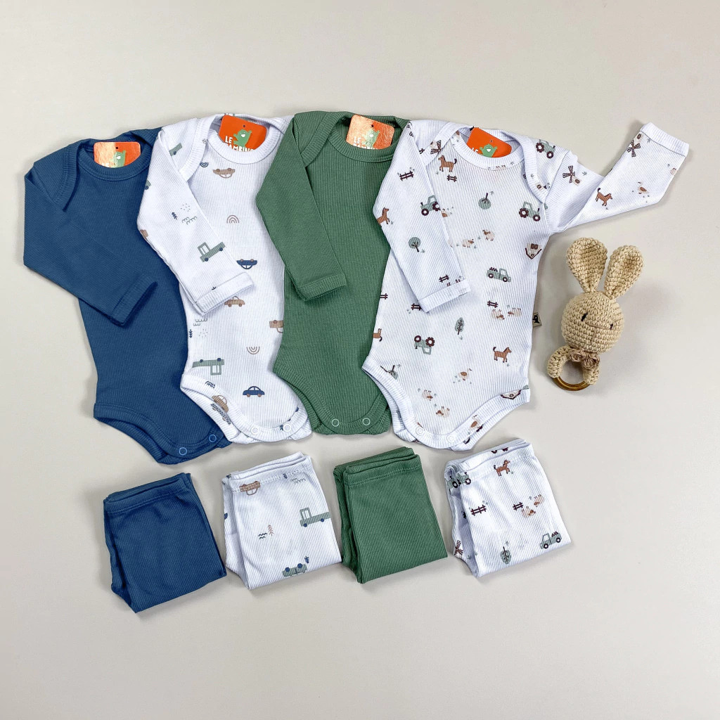 Kit Conjunto Canelado Bebê Menino Enxoval 8 Peças Body Manga Longa e Calça Algodão Antialérgico