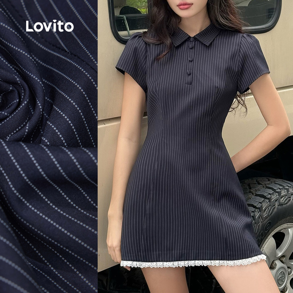 Lovito Vestido Casual com Botões de Renda Primavera/verão Azul-marinho para Mulheres L151AD311 em Oferta na Shopee