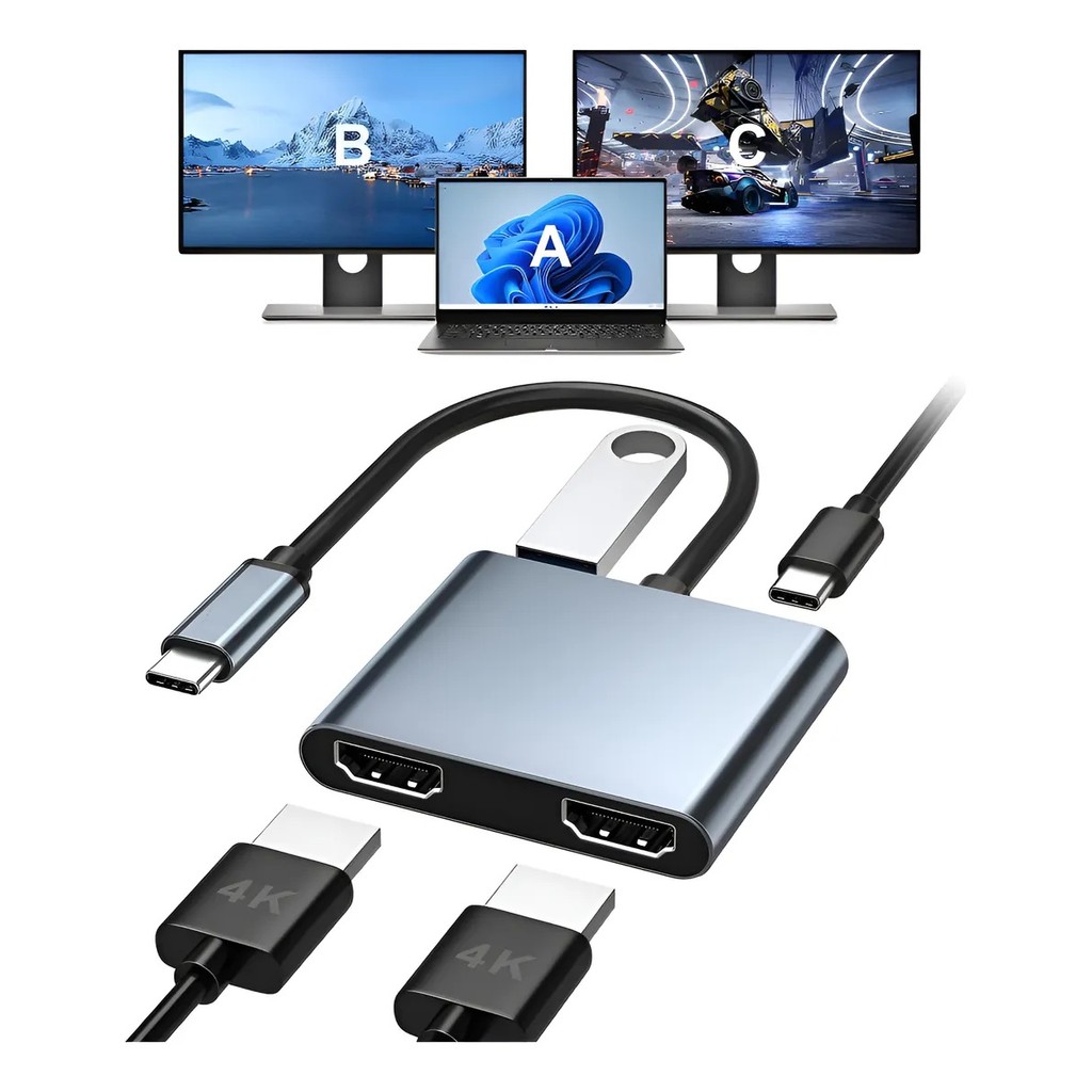 Hub Adaptador Usb C Para Duplo Hdmi Dois Monitores 1080p 4k Cinza-escuro