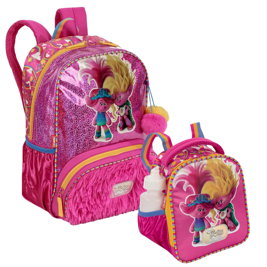 Kit Mochila e lancheira Escolar Infantil Trolls Pelúcia Rosa menina oficial