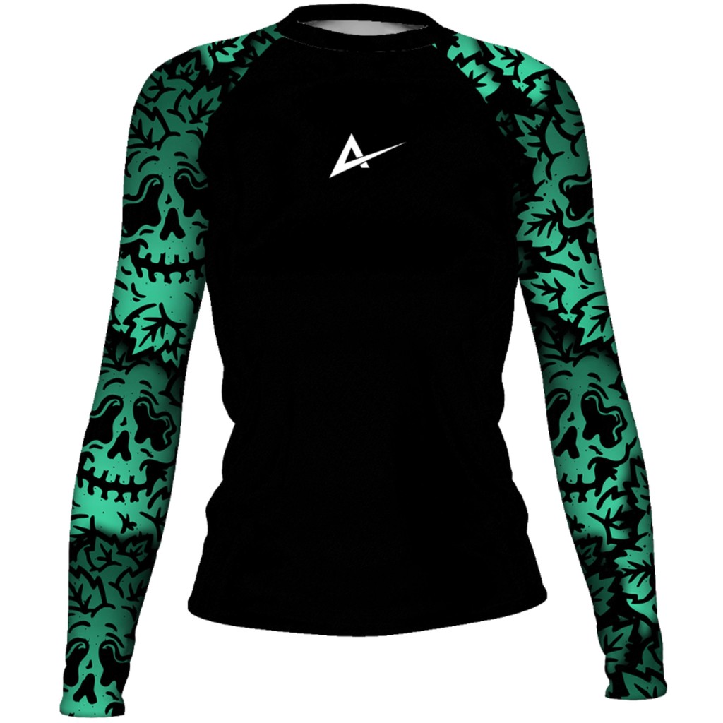 Camisa Rash Guard Feminina Caveira Verde Manga Longa Atlética Esportes