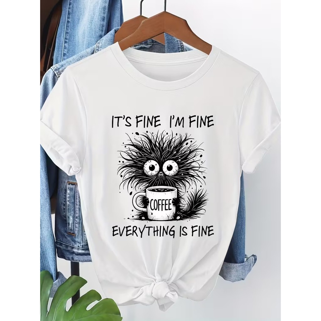 T shirt casual de gola redonda para mulheres com estampa de gato e café manga curta ajuste regular