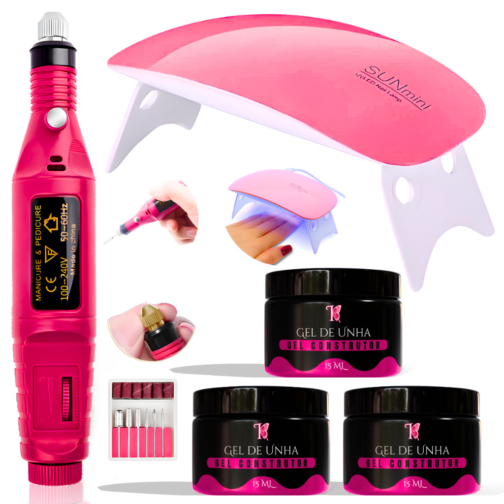 Kit 3 Géis + Motor Elétrico Caneta + Cabine Forninho Led Mini Sun Profissional Para Nail Design