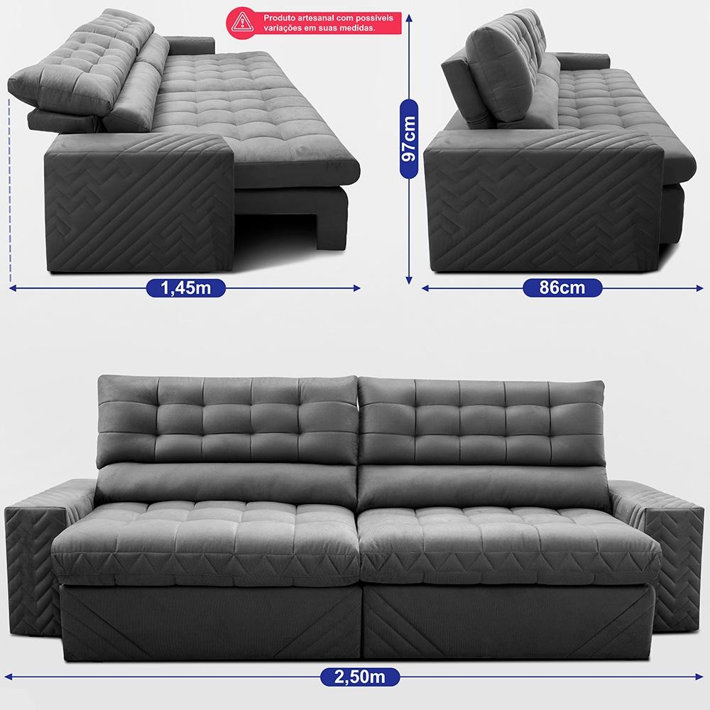 Sofá Retrátil e Reclinável 2,50m Molas Ensacadas Max Spring Velusoft Cinza Cama inBox