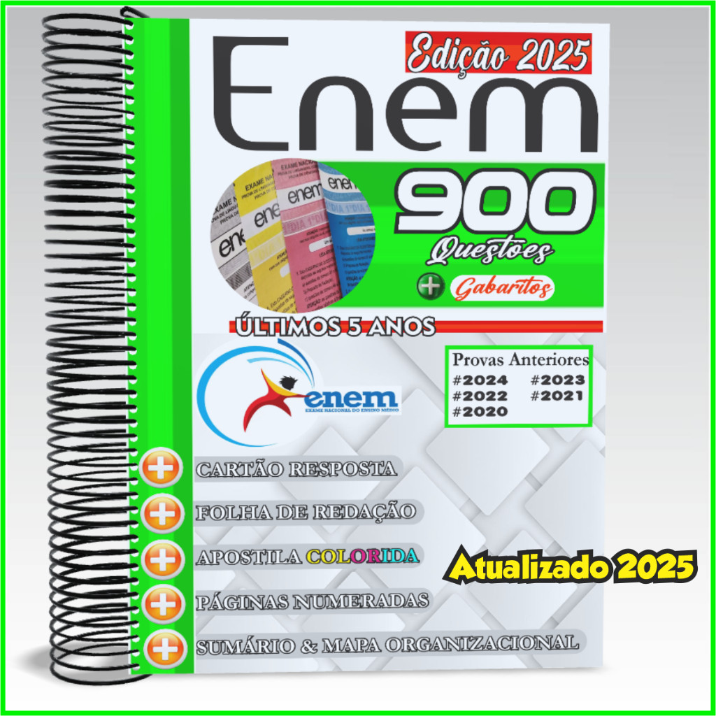 Apostila ENEM 2025 no Tamanho A4 (29,7x21 cm) Provas E Gabaritos Oficiais Últimos 3, 5 ou 10 Anos