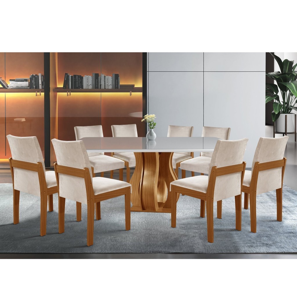 Conjunto Sala de Jantar Mesa Nuance Tampo Vidro/MDP com 8 Cadeiras Mônaco Yescasa Cinamomo/Creme/Off White em Oferta na Shopee