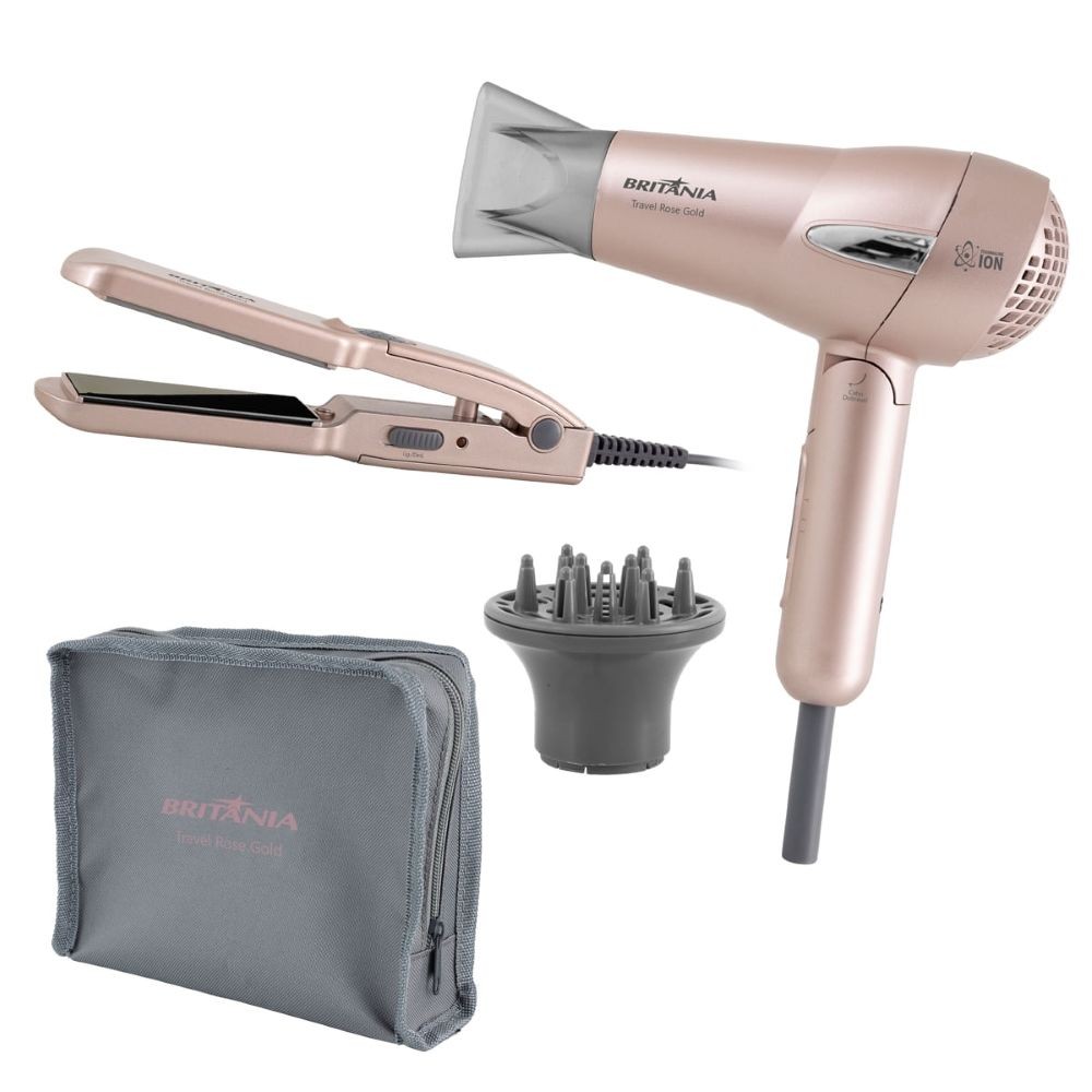 Kit Beleza Travel Rose Gold Britânia Secador Prancha Bivolt em Oferta na Shopee