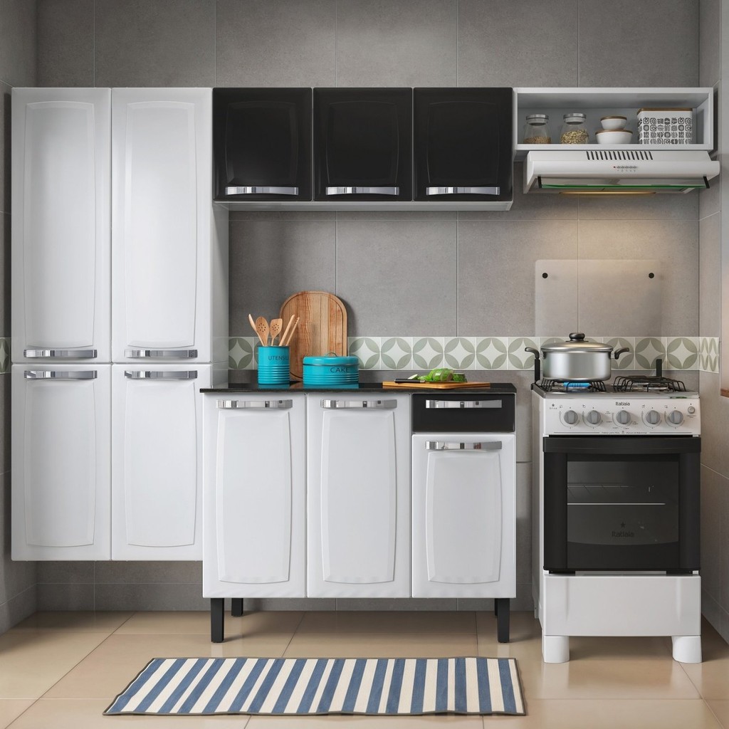 Cozinha Compacta em Aço 4 Peças 10 Portas 1 Gaveta 1 Nicho Rose Itatiaia Branco/Preto em Oferta na Shopee