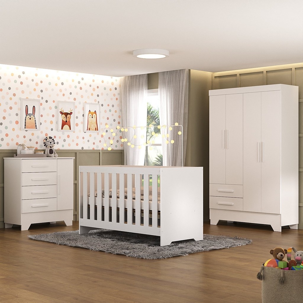 Quarto de Bebê Completo Guarda Roupa 4 Portas 2 Gavetas com Cômoda e Berço Lily Espresso Móveis Branco em Oferta na Shopee