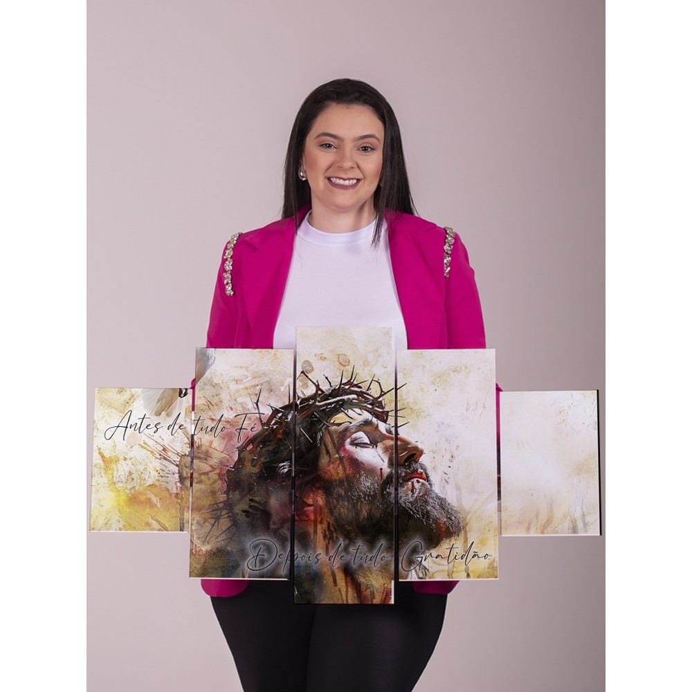 Quadro Decorativo Jesus Cristo 5 Peças Painel Mosaico Fé Gratidão Sala Quarto Parede Moderno