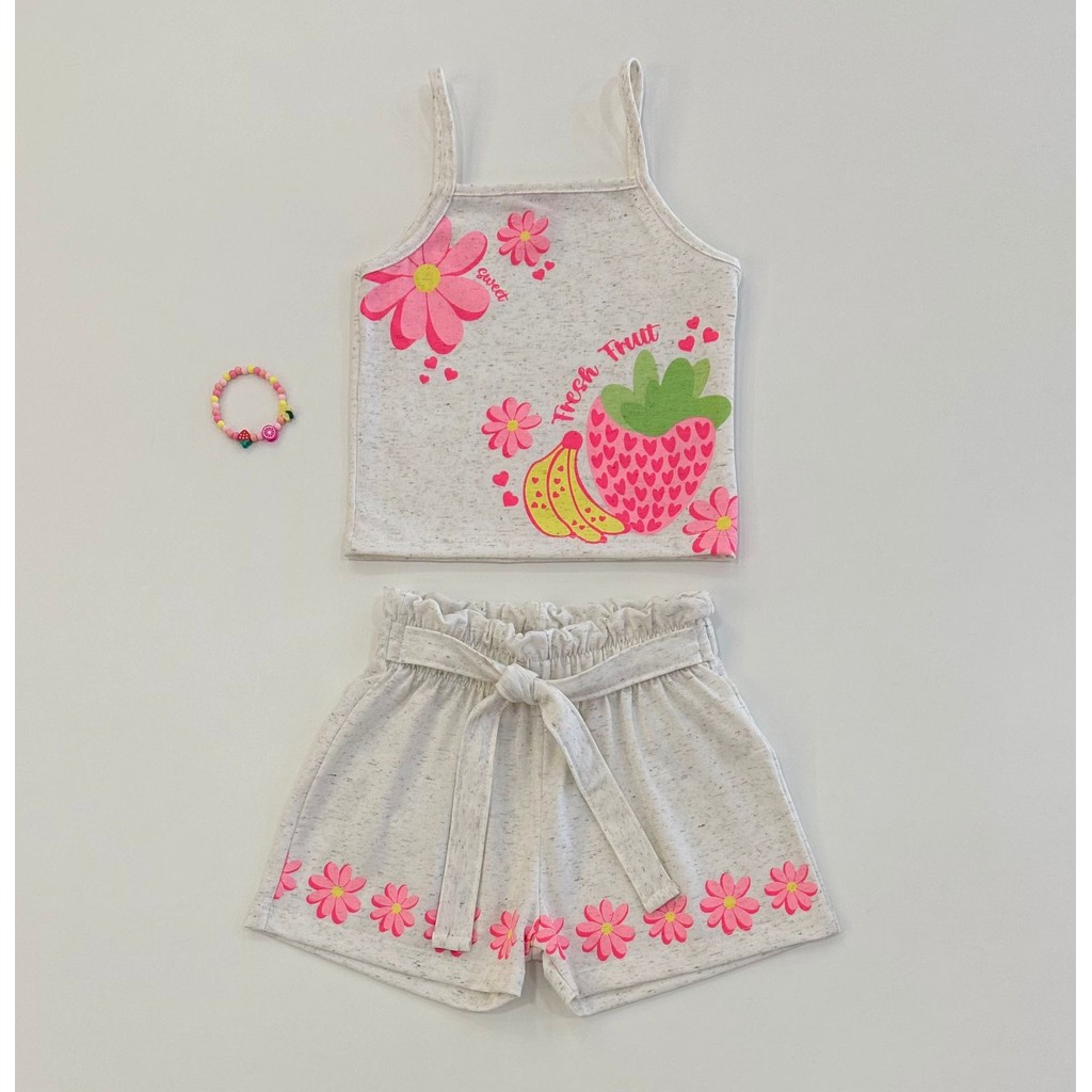 Conjunto Infantil Cinti Cropped Linho Frutas Neon com Shorts Floral e Pulseira