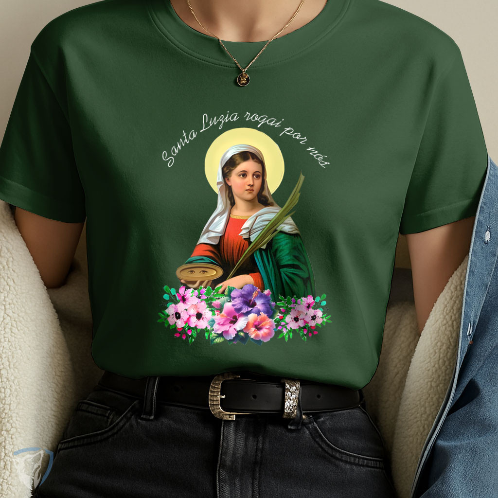 Camiseta Feminina Santa Luzia | Estampa Sagrada e Flores | Roupa Cristã Estilo Moderno em Oferta na Shopee