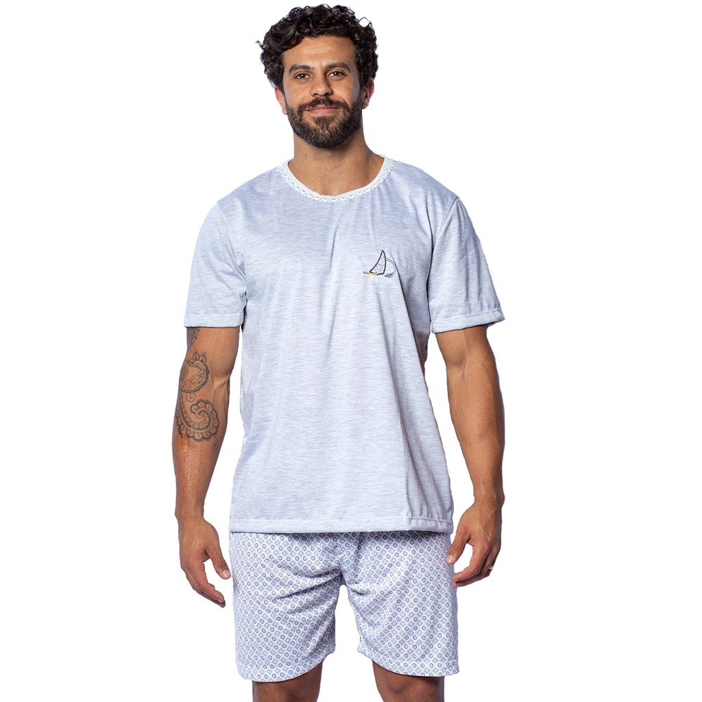 Pijama Liso Manga Curta Masculino Bordado Short Estampado Malha Conforto Conjunto Verão